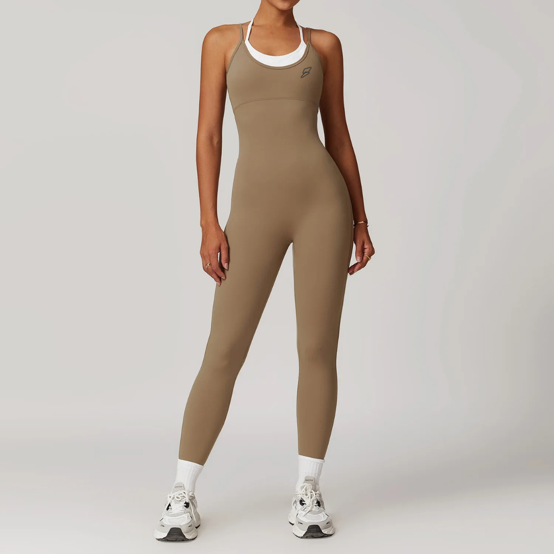 Seamless Set Lyvella Move Sculpt — Color-Blocked Cross-Back Jumpsuit (One Piece)