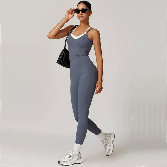 Seamless Set Lyvella Move Sculpt — Color-Blocked Cross-Back Jumpsuit (One Piece)